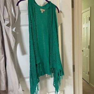 live and let live Teal Open-Knit Fringe Vest